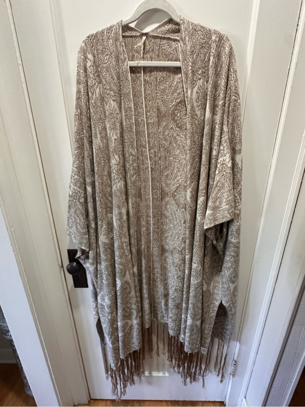 Free People Taupe Paisley Fringe Kimono Cape